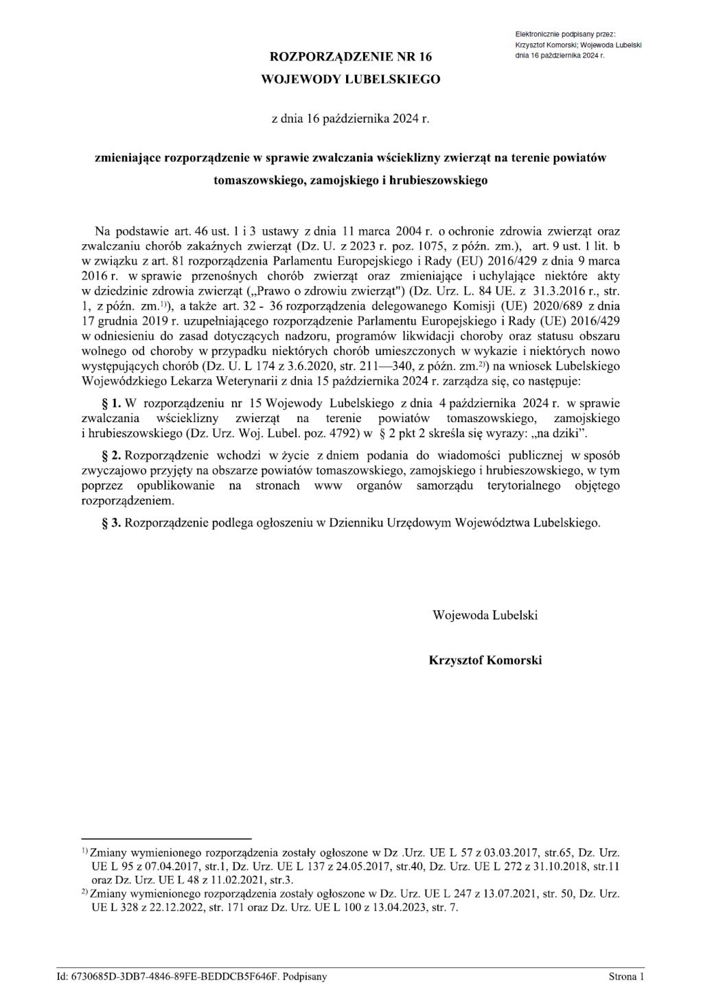 Rozporządzenie Nr 16 Wojewody Lubelskiego z dnia 16 października 2024